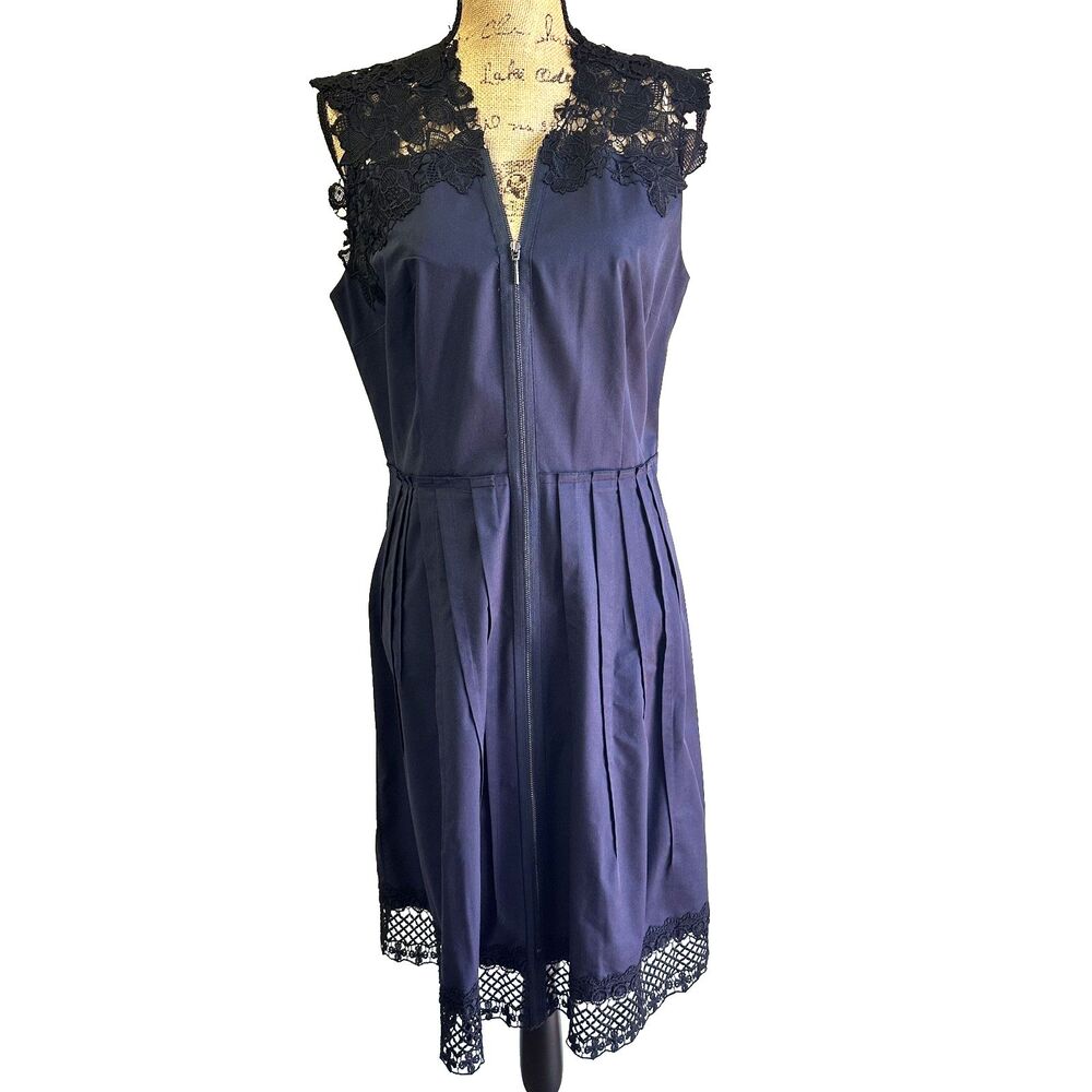 Elie Tahari Women's Sleeveless Lace Front Zip Cotton Blend Navy Dress Sz 12
